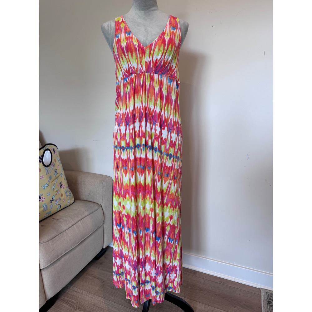 Carole Hochman Heavenly Soft Pink Green Ikat Sleeveless Maxi Nightgown Small